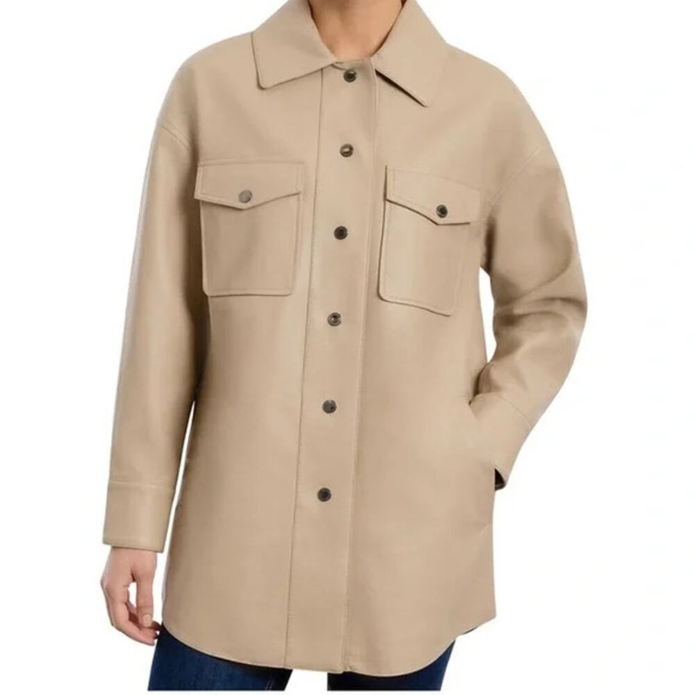 BCBGMAXAZRIA Faux Leather Shirt Jacket Womens Sz S Tan Oversized Shacket, Sz S